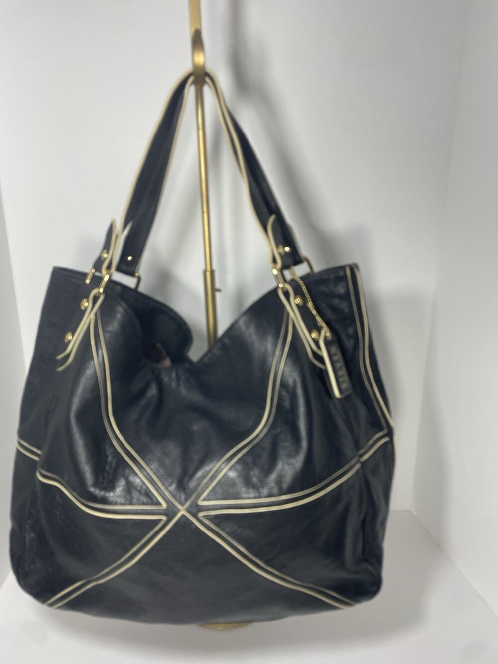 Steven by Steve Madden Leather Large Tote Bag Purse Hobo Black w/Ivory Trim